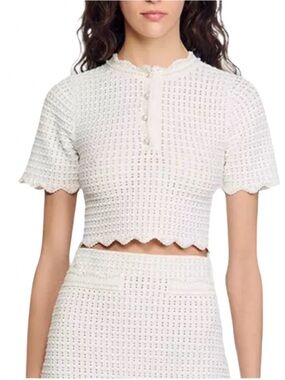 Sandro White Pearl Trim Cropped Knit Top Size 1